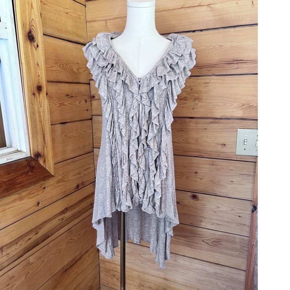 Ruffle‎ Vest Cardigan Womens Large Marled Grey High Low Waterfall Mystree